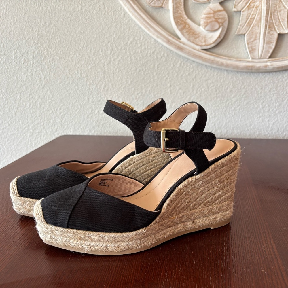Time And Tru Women's Square Toe Black Espadrille Wedge Heels Size 8